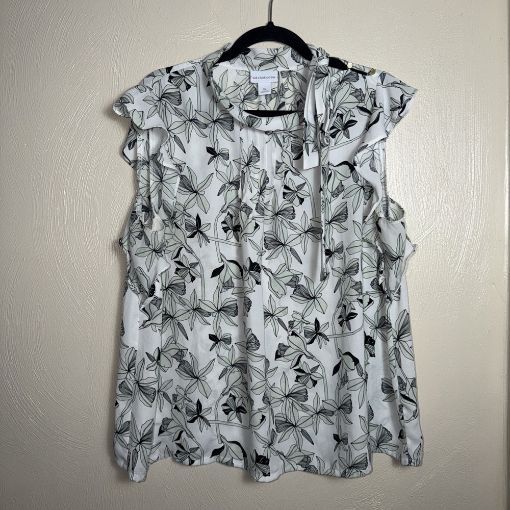 Liz Claiborne white and black floral blouse Size XL Women Office Work Church - Picture 1 of 6